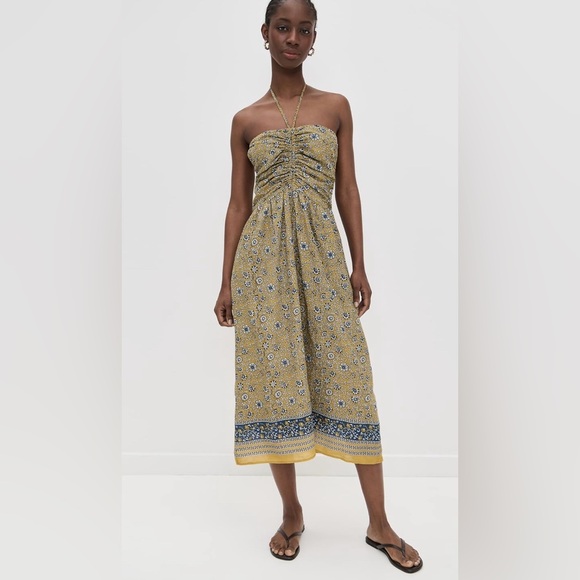 VELVET Odette Dress - Floral Halterneck Midi Dress - Yellow & Blue - Size Medium - Picture 1 of 5